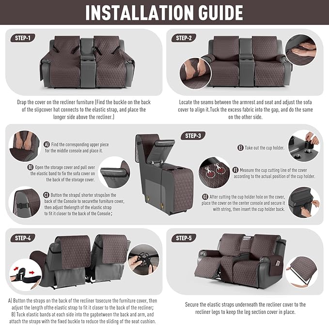 TAOCOCO 100% Waterproof Loveseat Recliner Cover with Console, Non-Slip Washable Reclining Couch Cover for 2 Seats, Furniture Protector for Dogs, Dark Brown - Image 7