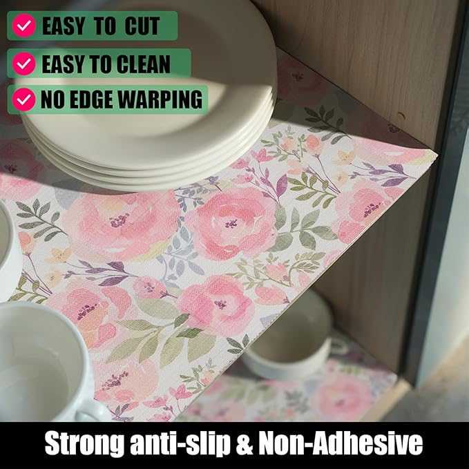 Peach Peony Shelf and Drawer Liner 12IN x 20FT,Non-Adhesive and Strong Non-Slip Floral Cabinet Drawer Liners for Kitchen Shelf, Waterproof Cupboard Liners,Easy to Clean - Image 2