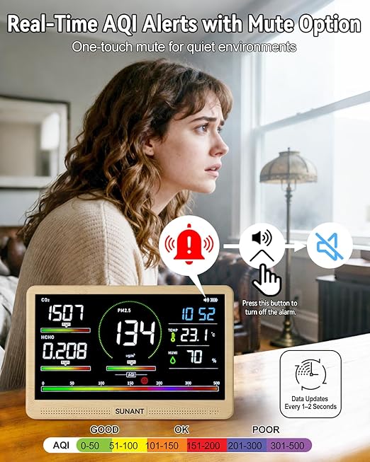 16 in 1 Indoor Air Quality Monitor, 7" Display 9 AQI +7 AQI Alerts, CO2 Monitor Tester for CO2, HCHO, TVOC, PM1.0 PM2.5 PM10 Temperature Humidity AQI & Time Air Quality Meter for Home Office - Image 3