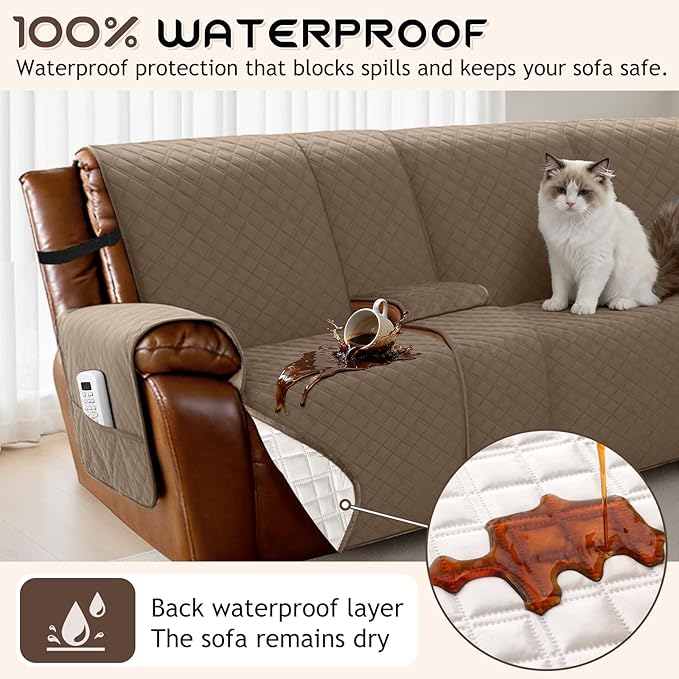 Arfntevss Waterproof Recliner Sectional Couch Covers for Reclining L Shape Sofa Cover Non Slip Washable L Shaped Slipcover Sets for Dog Furniture Protector (5 Seat with 2 Console Cover, Light Brown) - Image 2