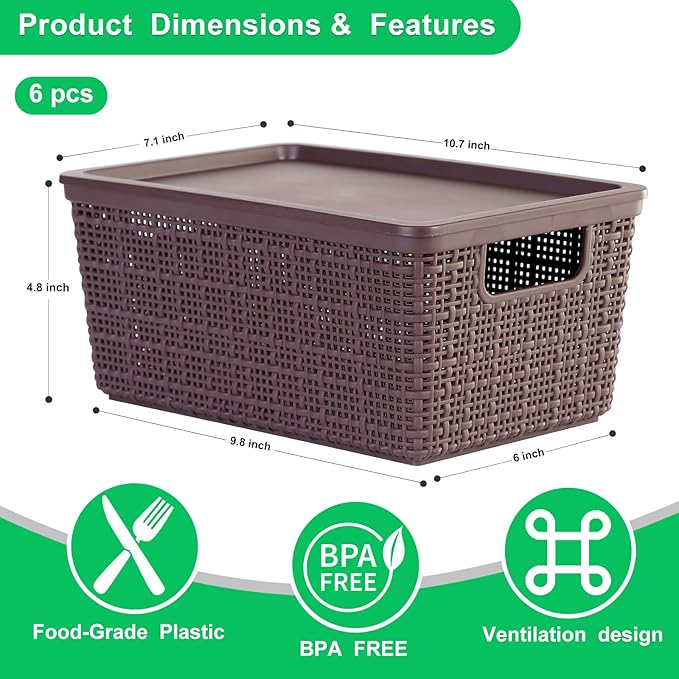 6 Pack Plastic Storage Baskets With Lids,Brown Breathable Stackable Storage Bins,Small Storage Containers,for Organizing Storage Baskets on Desktops,Closets,Playrooms,Classrooms,Offices - Image 3