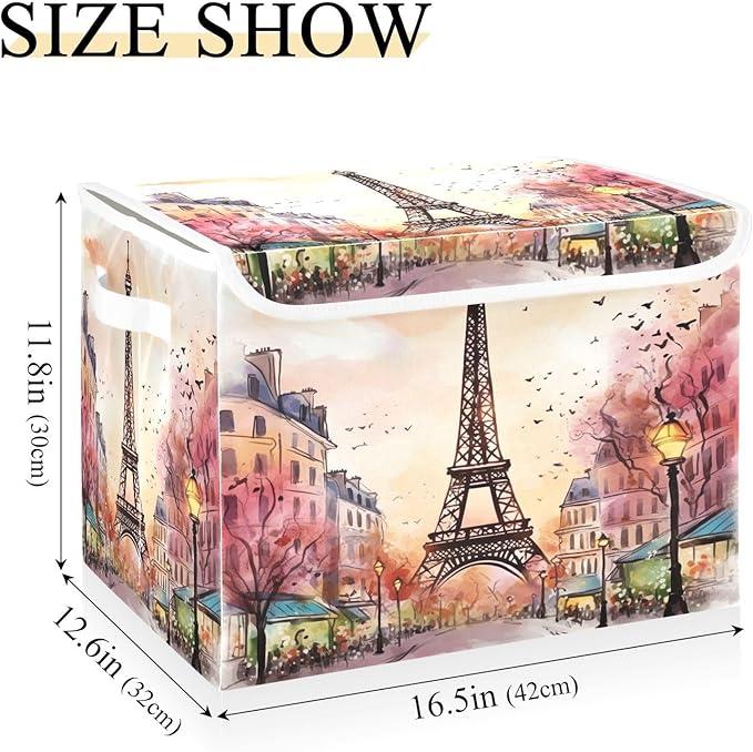 xigua Watercolor Paris Storage Bins with Lids and Carrying Handle,Foldable Storage Boxes Organizer Containers Baskets Cube with Cover for Home Bedroom Closet Office - Image 3