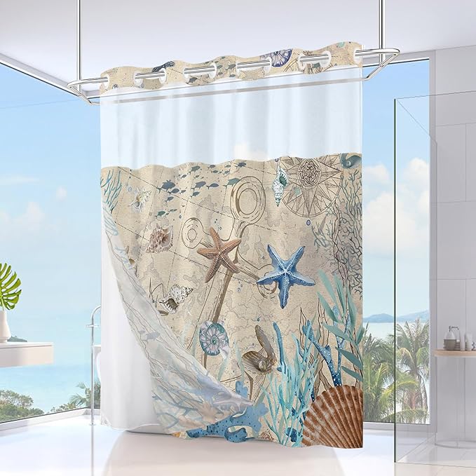 No Hook Shower Curtain with Snap in Liner, Beach Ocean Nautical Coastal Shower Curtains and Liner Set for Bathroom, Seashell Hotel Fabric Bath Curtain, Waterproof Washable, ‌Retro Brown 71" x 74" - Image 2