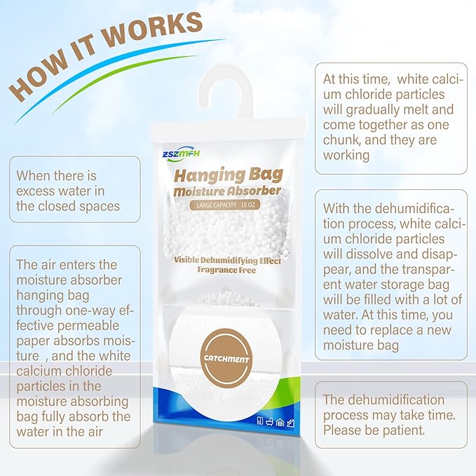 ZSZMFH 12 Pack Moisture Absorber Hanging Bags, Fragrance Free Humidity Packs, 15 OZ Dehumidifier Bags Effectively Trap Extra Moisture,Hanging Closet Dehumidifier Bags-425g/pack - Image 4
