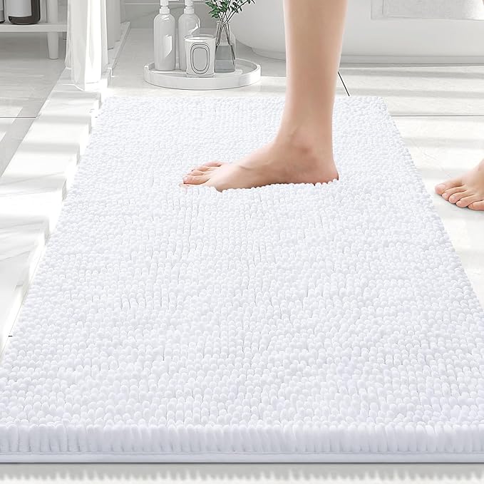 Smiry Luxury Chenille Bathroom Rugs 30x20, Extra Soft and Absorbent Shaggy Bath Mat, Machine Washable, Non-Slip Plush Carpet Runner for Tub, Shower, and Floor, Home Decor Accessories, White by Smiry