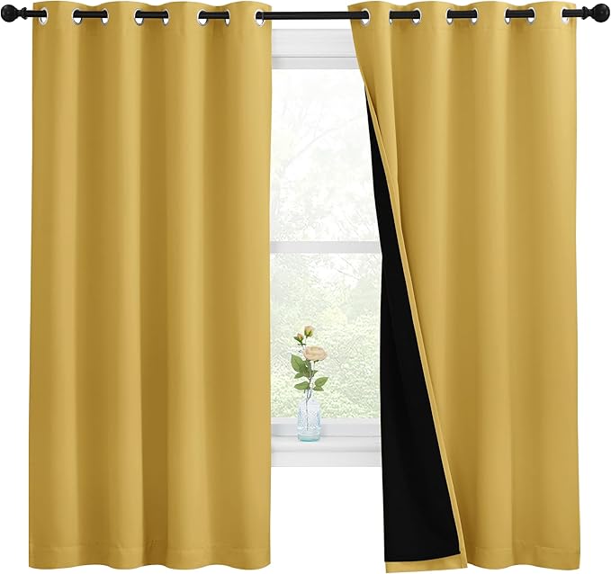 NICETOWN 100% Blackout Curtains with Black Liners, Thermal Insulated Full Blackout 2-Layer Lined Drapes, Energy Efficiency Window Draperies for Bedroom (Bright Yellow, 2 Panels, 55" W by 68" L) by NICETOWN