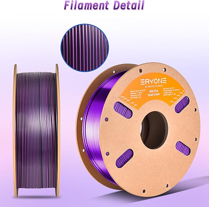 ERYONE Silk Dual Color PLA Filament 3D Printer 1.75mm +/- 0.03mm, Bicolor Filament Two Tone PLA Bundle 2KG Cardboard Spool, Black Purple - Image 5