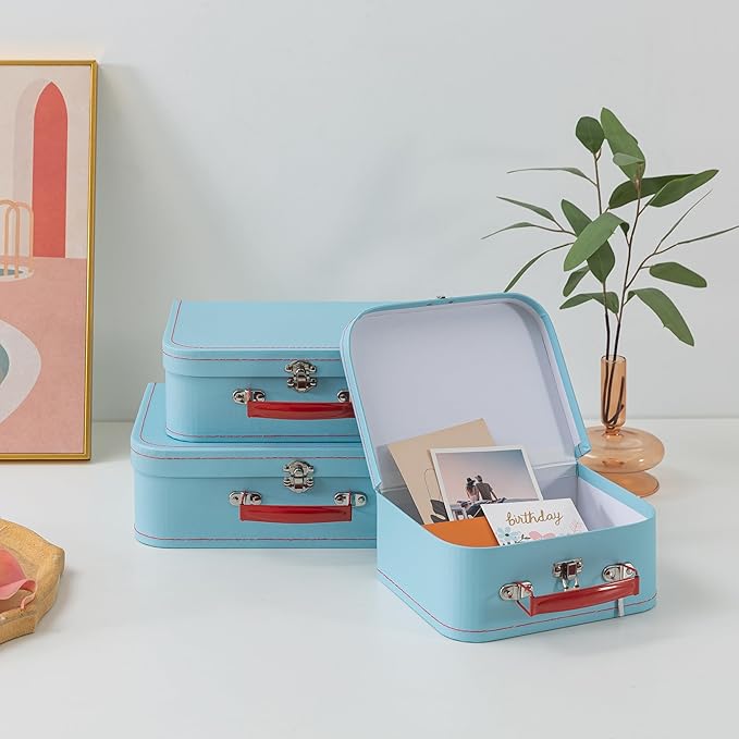 SLPR Paperboard Suitcases Set of 3, Light Blue - Vintage Cardboard Suitcase Decor, Nesting Luggage Decorative Mache Boxes with Hinged Lids and Brass Handles, Mini Suitcases for Centerpieces - Image 4