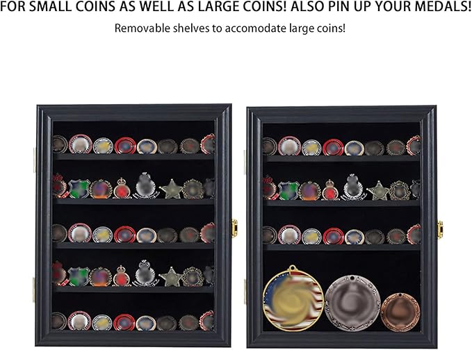 Jinchuan Military Challenge Coin Display Case Lockable Cabinet Rack Holder Shadow Box with Removable 2 Grooves Shelves and Anti Dust Door for Casino Poker Chips Collectibles, Small - Black - Image 4