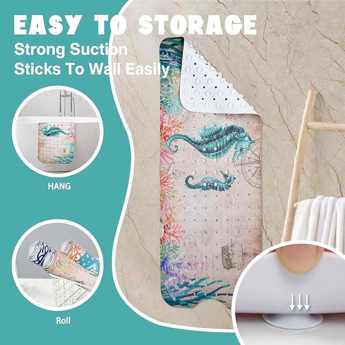 Ocean Bathtub Mat Non Slip, Cute Baby Bath Mat for Tub Rubber Tub Mat, Seahorse Coral Toddler Kids Bath Mats for Bathroom Anti Slip Shower Mat with Suction and Drain Holes Machine Washable, 40″x16″ - Image 6