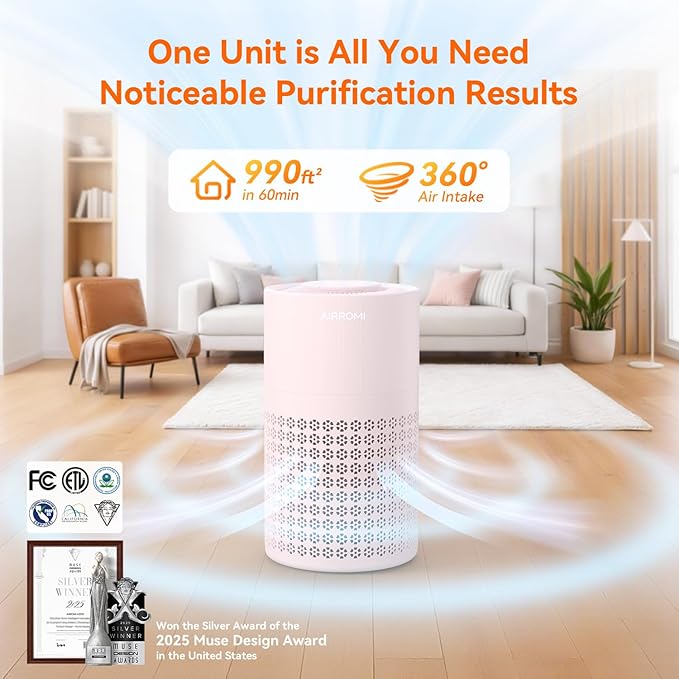 AIRROMI Air Purifier for Bedroom with HEPA 3-in-1 Filter, Pet Air Purifier for Home Cat Pee Smell, Covers Upto 990 Ft², Quiet 360° intake Air Cleaner for pet hair,allergies,Dust,Smoke A2001 Pink - Image 2