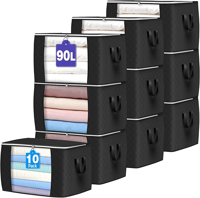 Budding Joy 90 L Large Storage Bags, 10 Pack Clothes Storage Bins Foldable Closet Organizers Storage Containers with Reinforced Handle for Clothing, Blanket, Comforters, Bed Sheets, Pillows (Black) by BuddingJoy-BuildaJoyfulLifeforYou