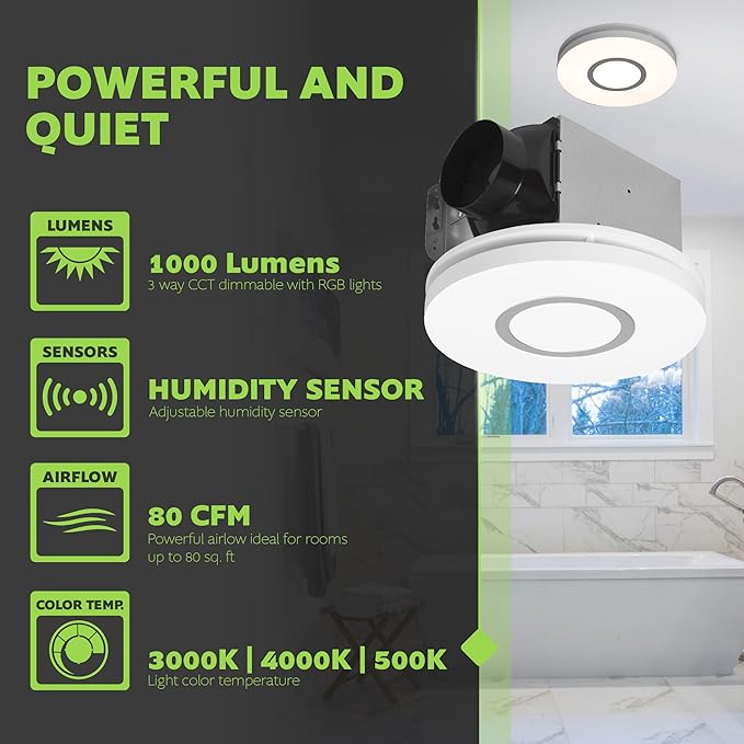 Homewerks 7141-80-RGB Bathroom Fan with Light LED Color Changing and Dimmable, SmartVent Humidity Sensing Ventilation Fan with Remote, 80 CFM 1.0 Sones - Image 3