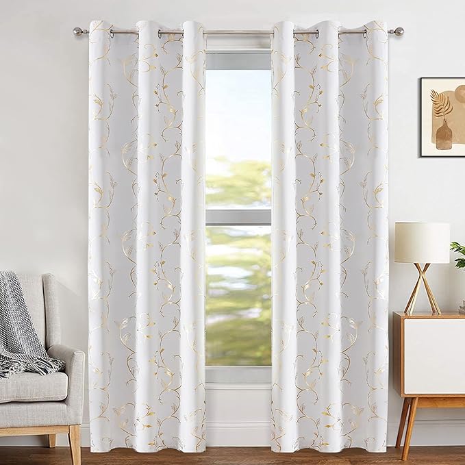 BUHUA Blackout Curtains Gold Foil Print Flower Vine Grommet Drapes, Room Darkening Thermal Insulated Curtains, Noise Reducing Blackout Curtain for Bedroom, Greyish White, 38Wx84L, 2 Panels - Image 2