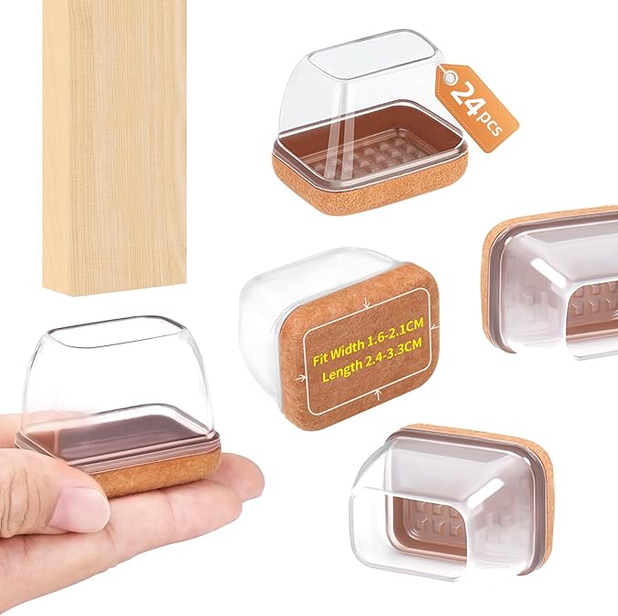 Ezprotekt 24 Pcs Rectangle Clear Felt Chair Leg Floor Protectors Caps for Hardwood Floors, Rectangle Silicone Felt Furniture Pads Cups for Chair Table Desk (Fit W :0.6-0.8", L: 0.9-1.3") by VisittheEzprotekt