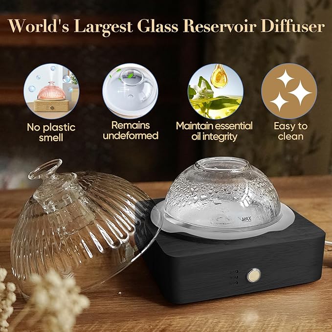 Glass Dome Essential Oil Diffuser with Glass Reservoir & Wood Base-Plastic Free, 200ml Ultrasonic Diffuser for Aromatherapy with Timer 7 Color Light Auto-Off for Home Office Yoga Dark Brown - Image 2