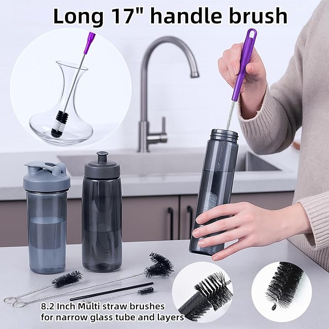 12Pcs Glass Tube Pipe Nylon Cleaners Brush Kit - for Curved Glass Tube, Hookahs & Bottles, Hard-to-Reach Crevices,17” Long Handle Brush, 8.2” Multi-Diameters Brushes,35” Flexible Dual-Head Brush - Image 5