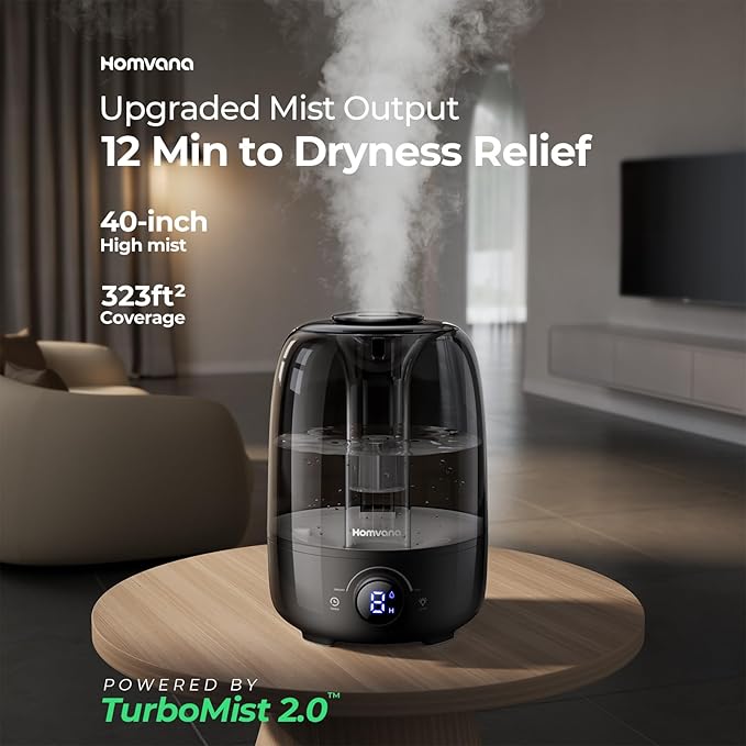 Homvana Humidifiers for Bedroom Diffusers - Top Fill 4L Cool Mist Humidifier Large Room, 40H Runtime Diffusers for Home, Air Humidifier for Plants, Baby Nursery, Essential Oil Diffusers (Black) - Image 2