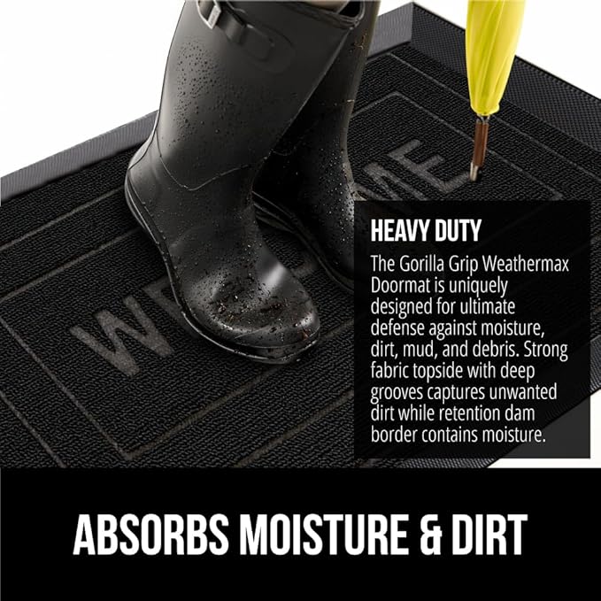 GORILLA GRIP 100% Waterproof All-Season WeatherMax Doormat, 47x35, US Designed Natural Rubber, Stain and Fade Resistant, Low Profile Indoor Outdoor Door Mats, Easy Clean Patio Mat, Black Welcome - Image 4