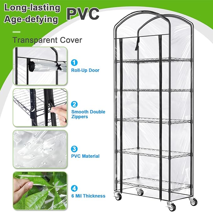 Abimars 5-Tier Greenhouse with Caster Wheel, Each Shelf Height Adjustable Metal Plant Shelf with PVC Cover for Seed Starting Trays, Seedling Pots, Plant Pots, 13x29x73inch - Image 5