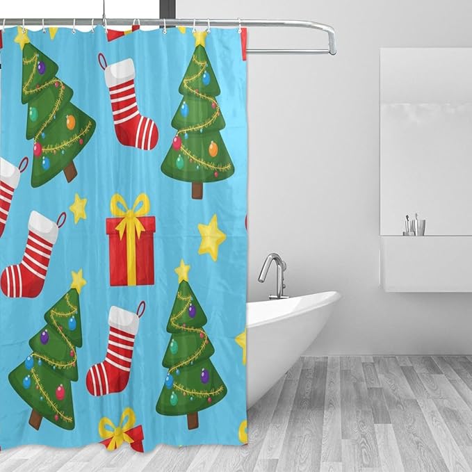 Christmas Santa Tree Blue Shower Curtain Liner 72×72 inch for Bathroom Curtain Anti Mold Shower Curtain with Hooks Bathroom Accessories by Unknown