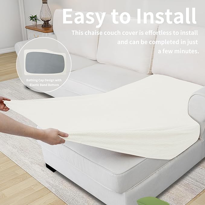Easy-Going Stretch Sectional Couch Covers 1 Piece Chaise Lounge Slipcover L Shape Separate Cushion Couch Seat Chaise Cover for Both Left/Right Sectional Couch Cream - Image 6
