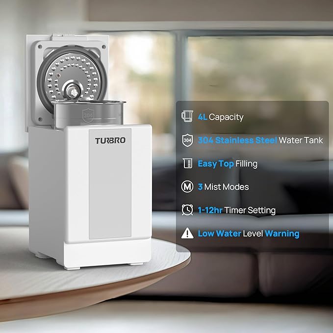 TURBRO 4L/1Gal 304 Stainless Steel Steam Humidifier, Warm Mist Humidifier for Bedroom Baby Nursery, 500 mL/h Output, Dishwasher Safe, Easy to Clean, ETL-certified Sleep Mode 1-12h Timer, GLS04 - Image 2