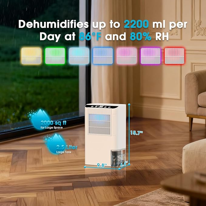 Dehumidifiers for Home, 2000 Sq.Ft Small Dehumidifier with 3.3ft Drain Hose, 2.5L Tank, Timer Sleep Mode, Portable Dehumidifier for Basement, Bedroom, Bathroom (Beige) - Image 5
