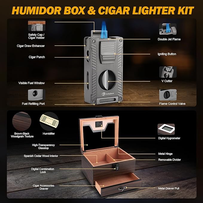Cigar Humidor and Cigar Lighter Kit, Cedar Wood Cigar Case with Digital Hygrometer and Combo Lock, Multi-Function All-in-1 Butane Lighter and Humidor Box, Cigar Gift for Men, Can Hold 50 Cigars - Image 2