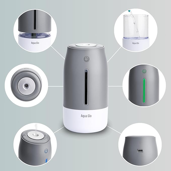 Aqua Glo Personal, Portable Humidifiers for Bedroom – Ultrasonic Cool Mist Humidifier with Built In Rechargeable Battery. Air Humidifier for Baby, Plants, Home, Office, Travel. Gray - Image 7