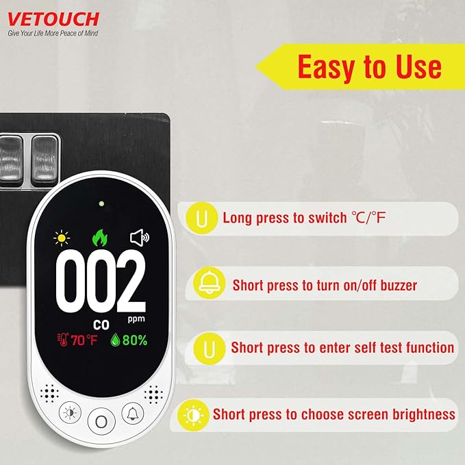 Plug-in Carbon Monoxide Detector with Digital Color Display CO Detector for CO, Temperature & Humidity, 85dB Loud Alert, Self Test Function vetouch CO Detector, for Home, Bedroom, Kitchen, RV - Image 4