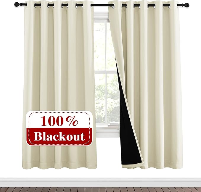 NICETOWN Living Room Completely Shaded Draperies, Privacy Protection & Noise Reducing Ring Top Drapes, Black Lined Insulated Window Treatment Curtain Panels (Beige, 2 Pieces, W62 x L72) - Image 2