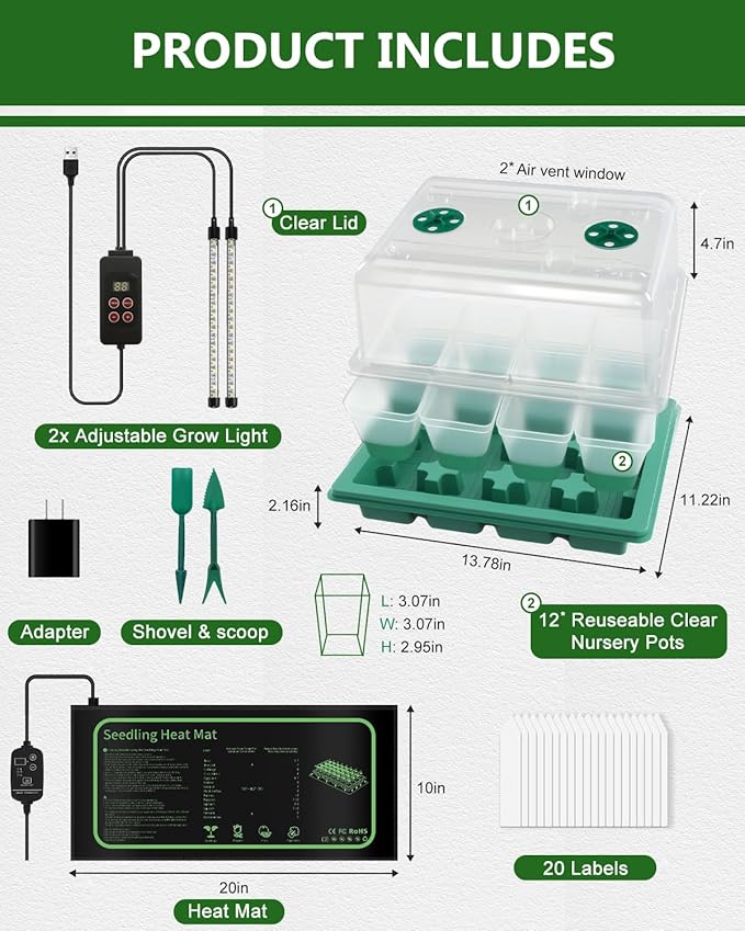 joyhalo 12 Cell Seed Starter Kit with Grow Light and Graphene Heating Mat, Reusable Seed Starter Tray with Higher 4.7”Humidity Domes and Large Clear Silicone Base Nursery Pots - Image 5