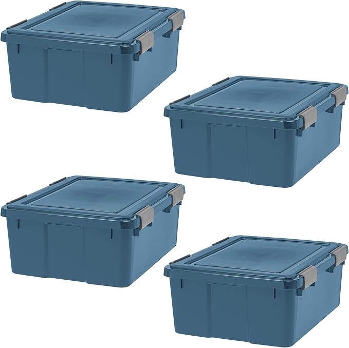 IRIS USA WeatherPro 31 Qt Eco-Friendly Storage Bins with Lids, 4 Pack, BPA-Free Plastic Gasket Box with Tight Latch and Seal, Stackable Nestable Tote Tub - Navy by IRISUSA