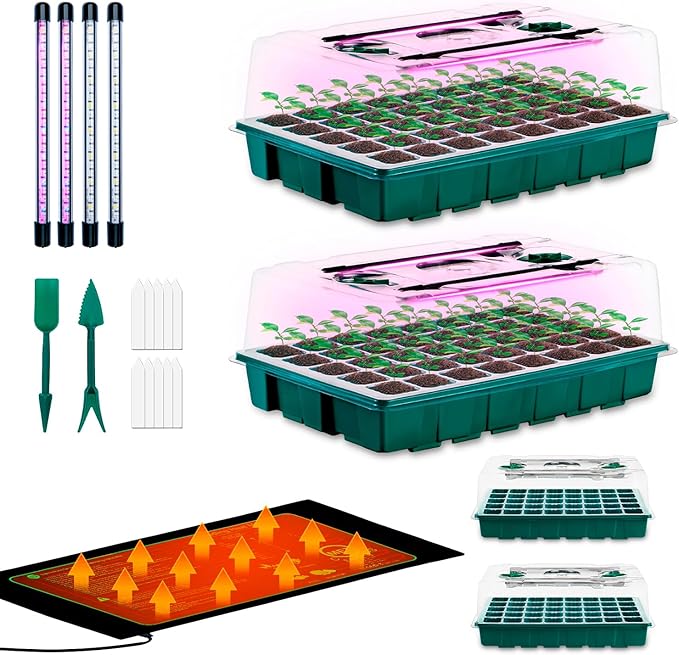 Seed Starter 4 Pack 160-Cell Tray with Grow Lights and Heat Mat,Seed Growing Tray, Germination & Plant Propagation Station for Indoor Plants by HUGBOW