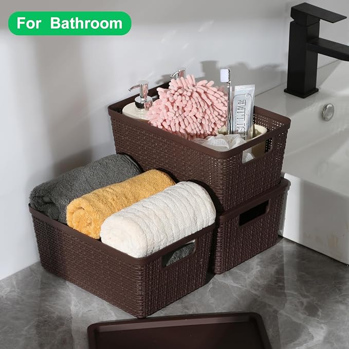 6 Pack Plastic Storage Baskets With Lids,Brown Breathable Stackable Storage Bins,Small Storage Containers,for Organizing Storage Baskets on Desktops,Closets,Playrooms,Classrooms,Offices - Image 6