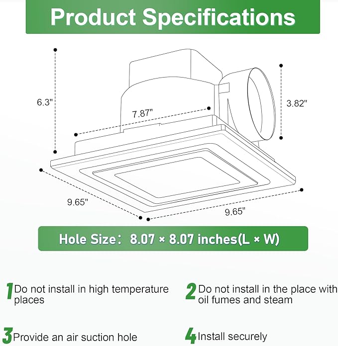 Bathroom Exhaust Fan with Light, 8 Inch Barthroom Ventilation Fan, 110 CFM 1.0 Sones Quiet Exhaust Fan, Square Exhaust Ventilation Fan Ceiling Mount - Image 2