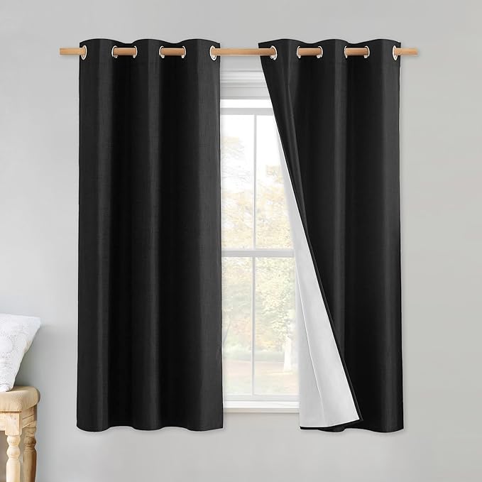 NICETOWN Vintage Open Linen Weave Flax Thermal Curtains, 100% Blackout Curtains 60 inches Long for Dining Room, Soundproof Window Treatment Drapes for Cupboard, Black, 34" Wide Per Panel, Set of 2 by NICETOWN