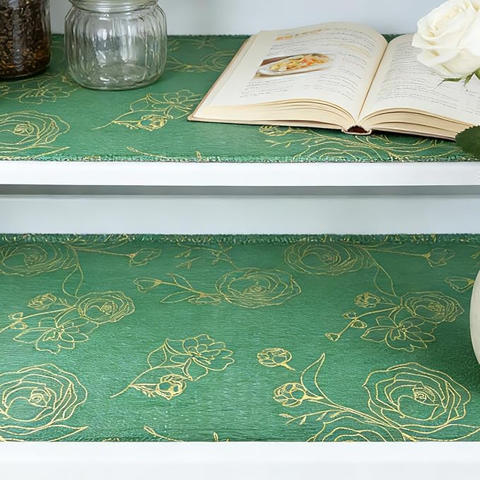 Shelf Liner for Kitchen Cabinets Drawer Liner Non-Adhesive Non-Slip Thickened Shelf Liner Paper Easy to Clean with Green Background Gold Floral Line Pattern for Tool Box Refrigerator.12×236.2 inches - Image 5