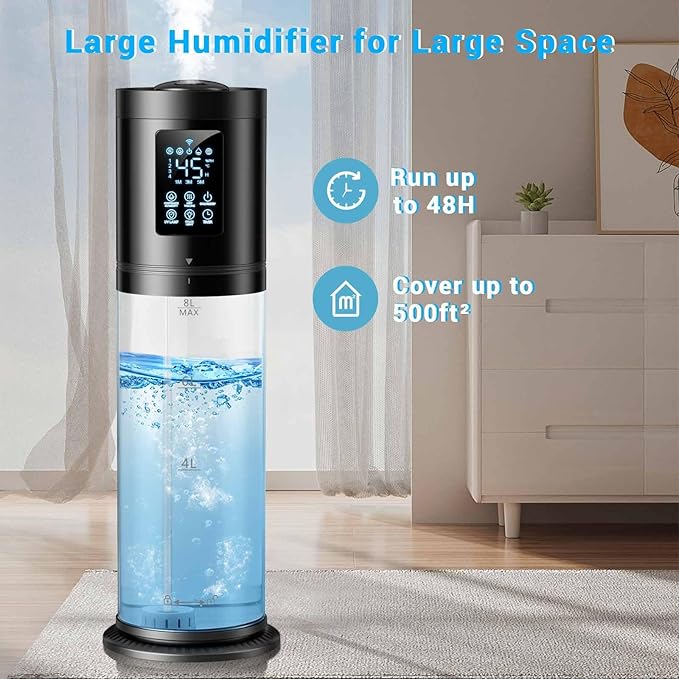 8L/2.1 Gal Humidifiers for Bedroom Large Room, 4 Levels Cool Mist Humidifier with Clear Tank, 7 Color Lights Essential Oil Diffuser with 16H Timer, Top Fill Air Humidifier for Home Plants Office - Image 7