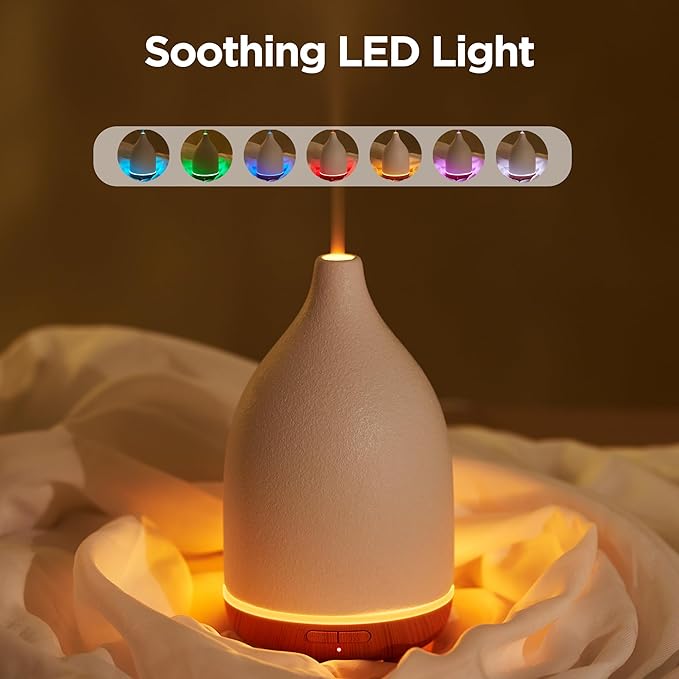 InnoGear Oil Diffuser, 150ML Ceramic Diffuser for Essential Oils Handcrafted Aromatherapy Diffuser Ultrasonic Cool Mist Humidifier with 2 Mist Modes Waterless Auto Off for Room Office, White - Image 6
