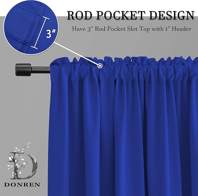 DONREN Royal Blue Rod Pocket Blackout Curtains for Kitchen - Window Treatment Energy Saving Solid Curtains (52 by 72 Inches,2 Panels) - Image 4
