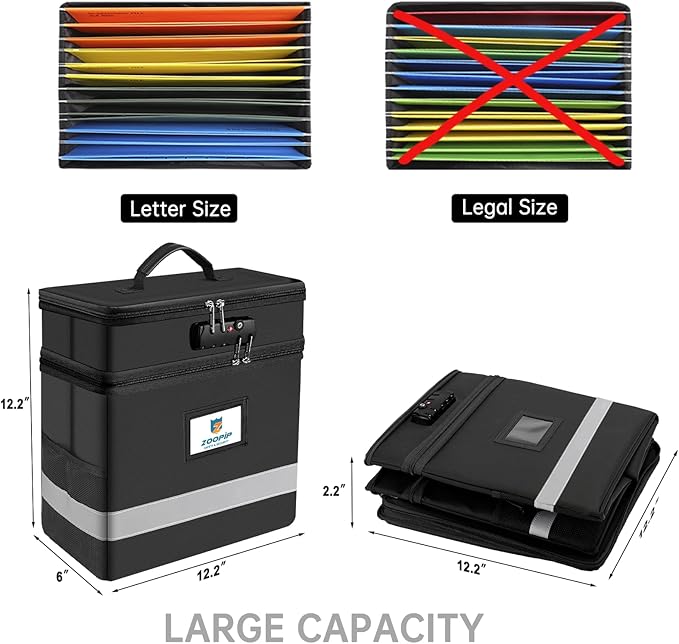Fireproof File Box with Lock, 2 Layer Document Box Storage Organizer, Suitable for Hanging File Folders in Letter Size, Collapsible File Box, Reflective Strip for Fast Find (12.2*6*12.2, Black) - Image 4