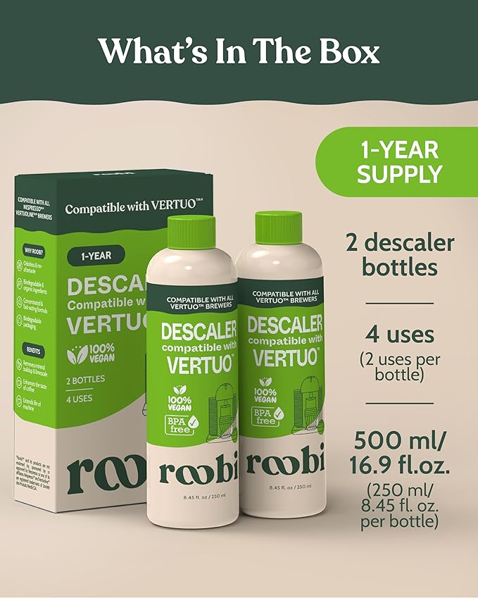 Nespresso Vertuo Compatible Descaling Solution. Eco-Friendly Formula to Clean & Descale Your Nespresso Vertuoline Machine. 2 Uses per Bottle, 2 Pack. Carbon Neutral Vertuo Descaling Kit. - Image 3