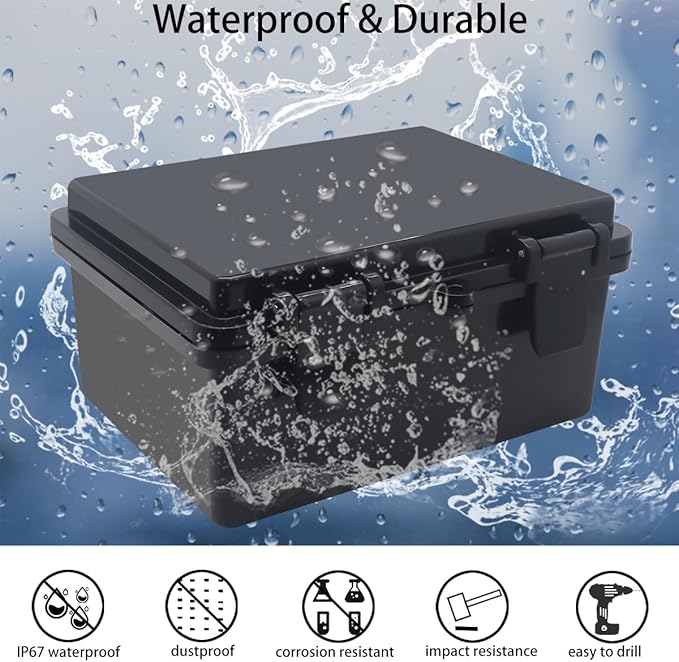 Junction Box, Hinged Black Cover IP67 Waterproof ABS Project Box with Mounting Plate Electrical Box Enclosure with Wall Bracket 7.1 x 5.1 x 3.5inch(180x130x90mm) - Image 2