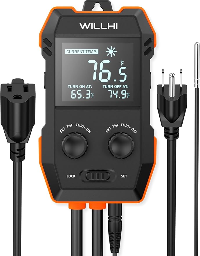 WH2408 Temperature Controller 10A 1200W, Digital Thermostat Controlled Outlet Plug Switch for Reptile Terrarium Greenhouse Homebrew Aquarium Seedling Mat, Heating or Cooling Mode (Pack of 1) by WILLHI