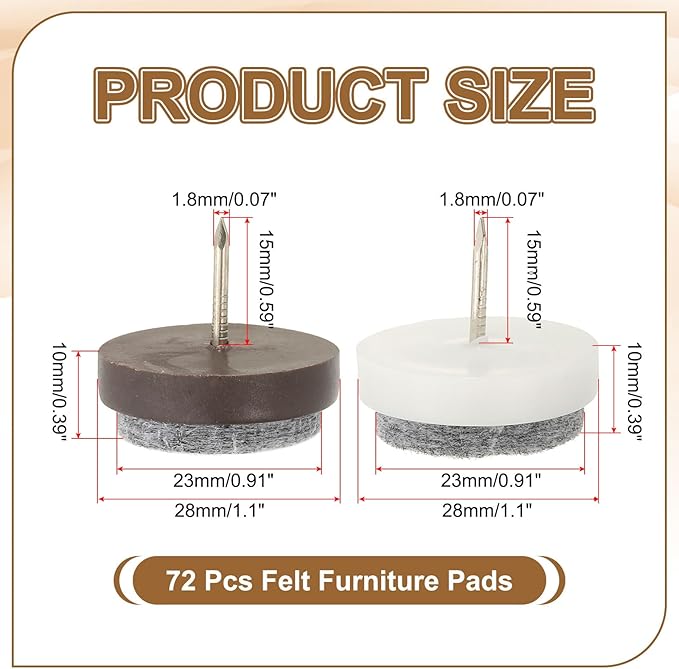 PATIKIL 28 mm Nail-on Felt Pads, 72 Pcs Round Felt Furniture Sliders Pads Heavy Duty Floor Protectors for Wooden Chair Sofa Cabinet Table Leg Feet Hardwood Floors, Black/Brown/White - Image 2