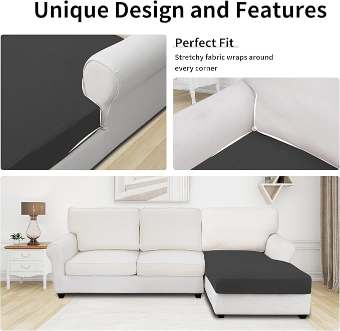 Easy-Going Stretch Sectional Couch Covers 1 Piece Chaise Lounge Slipcover L Shape Separate Cushion Couch Seat Chaise Cover for Both Left/Right Sectional Couch Dark Gray - Image 3