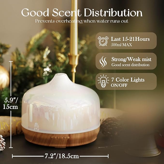 Porseme 500ml Glass Essential Oil Diffuser Aromatherapy Ultrasonic Cool Mist Humidifier 15-21 Running Hours Waterless Auto-Off Air Diffusers for Sleeping Yoga Office Working Spa and Rest (White Jade) - Image 3