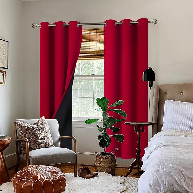 BGment Christmas 100% Blackout Curtains Thermal Insulated with Liner for Living Room Decoration - Grommet Double Layer Energy Saving Bedroom Curtain Drapes (42 x 84 Inches, Red, 2 Panels) - Image 2